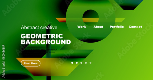 Modern website header design. Vibrant green, black, red geometric shapes create dynamic visual impact. Navigation menu present.