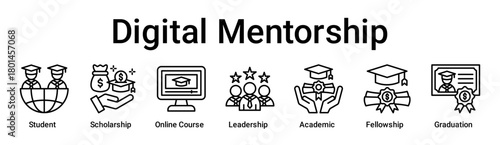 Digital Mentorship banner web icon vector illustration concept for education with icon of Student, Scholarship, Online Course, Leadership, Academic, Fellowship.