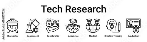 Tech Research banner web icon vector illustration concept for education with icon of Bioreactor, Experiment, Scholarship, Academic, Student, Creative Thinking.