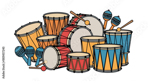 Colorful percussion instruments collection with transparent background