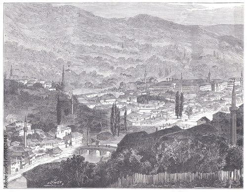 An intricate historical engraving of Sarajevo's panoramic view, showing its dense old town, minarets, a river with bridges, and surrounding hills.