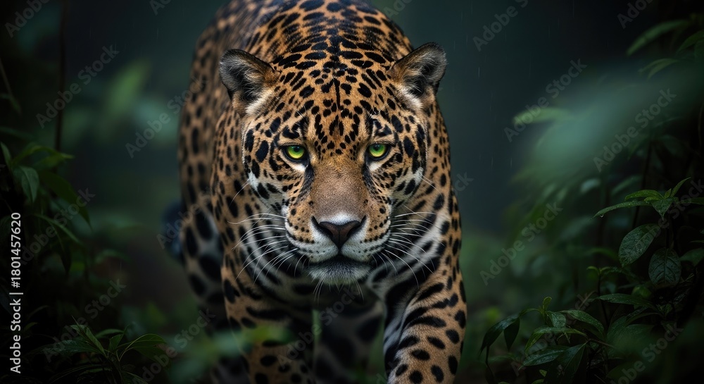 Obraz premium Majestic jaguar with piercing green eyes emerges from the dense, rain-soaked jungle, its powerful presence and stunning spotted coat captured in a captivating close-up.