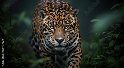 Majestic jaguar with piercing green eyes emerges from the dense, rain-soaked jungle, its powerful presence and stunning spotted coat captured in a captivating close-up.