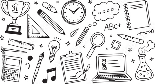 Study objects in monochrome include laptop, trophy, flask, ruler, calculator, and pencils on white