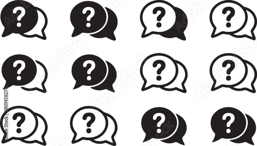 Twelve black speech bubbles with question marks are arranged in a grid on a white background