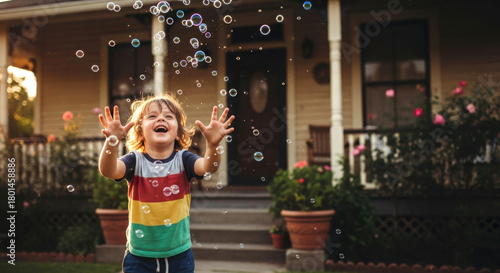 Happy Child Catching Soap Bubbles in Front of House