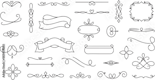 Various handdrawn banners, floral frames, and ornamental flourish elements offer diverse decorations on transparent backdrop