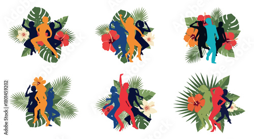 Tropical dancers silhouettes with lush foliage