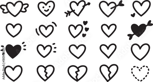 Various hearts in differing states create whimsical patterns in a creative monochrome assortment