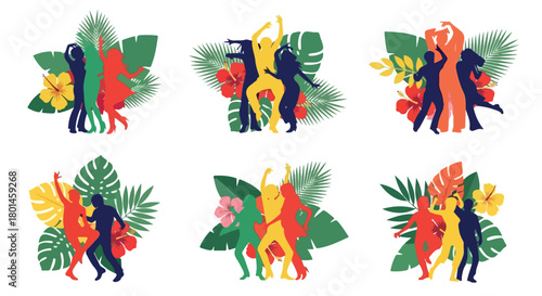 Tropical dance silhouettes with lush foliage