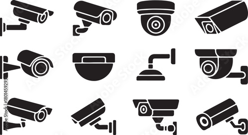 Various security camera styles are displayed in a collection of black icons with transparent background
