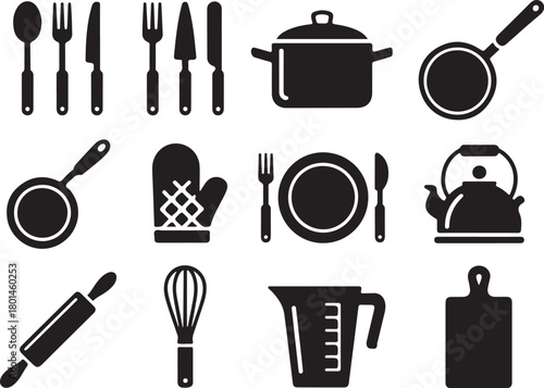 Kitchenware icons for cooking, baking, and dining needs