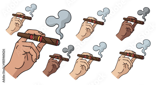 Hands holding cigars with smoke, various angles