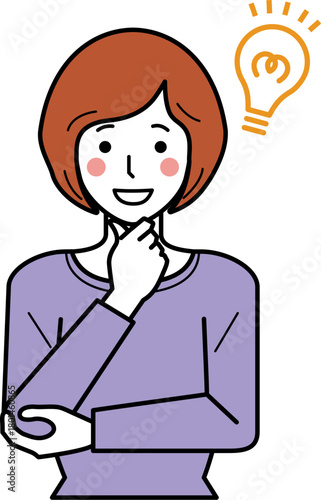 正面向き。あごに手をあて、ひらめき顔のカットソーの若い女性。