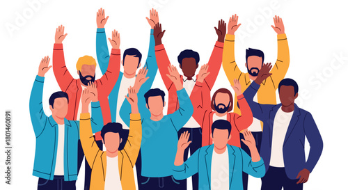 Diverse group of people raising hands in celebration