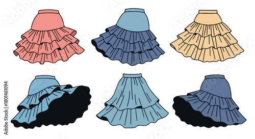 Colorful tiered skirts collection with transparent background