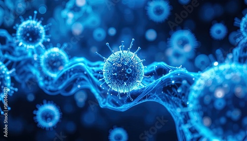 Detailed visualization of viral pathogen attacking cells for medical research and educational materials about immunology and infectious disease outbreaks
