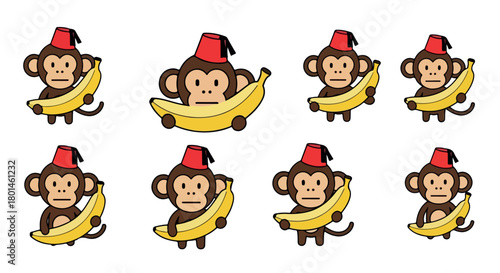 Monkey with fez and banana characters with transparent background