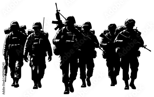 A group of soldiers walking in a line, silhouetted against a , army, gun, man, profile, rifle, soldier, walk, weapon, against transparent background