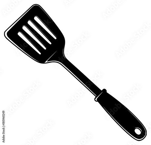 A spatula, black, flat, frying pan, handle, home appliance, icon, illustration, kitchen utensil, kitchenware, profile, shovel, spatula, tool, against transparent background