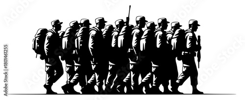 A line of soldiers marching in a line, silhouetted against a , army, black, guard, illustration, man, officer, person, profile, soldier, stand, tie, uniform, against transparent background