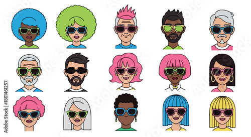 Diverse people wearing sunglasses, various hairstyles