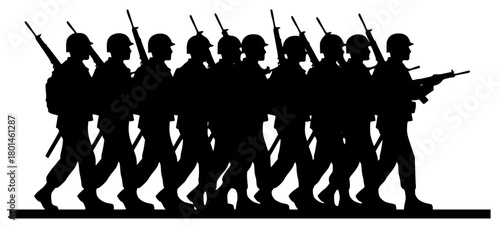 A line of soldiers walking in a line, silhouetted against a , army, black, formation, guard, gun, illustration, man, profile, rifle, soldier, stand, uniform, weapon, against transparent background