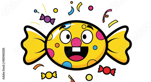 Fun cartoon candy character with confetti for joyful celebration