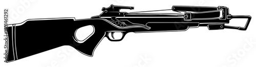 A black and white silhouette of a crossbow rifle, black, gun, handgun, icon, illustration, machine gun, profile, rifle, shotgun, toy gun, weapon, against transparent background