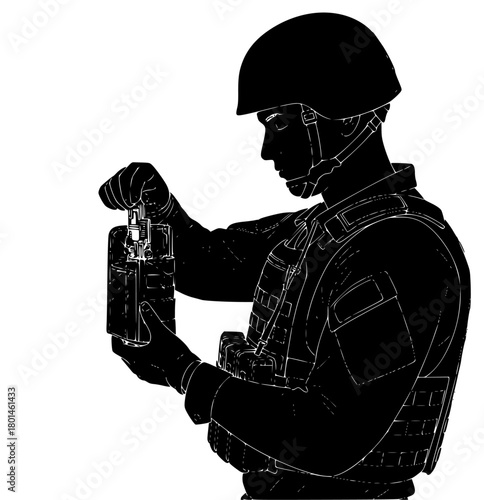 A silhouette of a soldier in a military uniform holding a lighter, armor, army, black, catch, drill, illustration, man, profile, soldier, spray, tool, torch, weapon, against transparent background