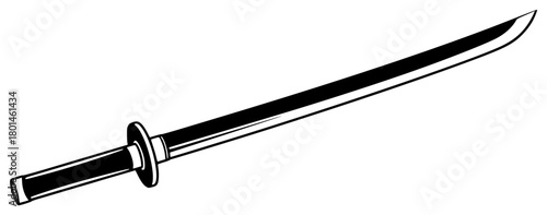 A black and white silhouette of a katana sword, black, blade, dagger, handle, illustration, profile, sword, weapon, against transparent background