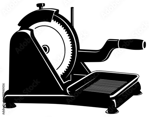 A black and white illustration of a circular slicer, black, blade, grind, grinder, illustration, machine, profile, saw, tool, against transparent background