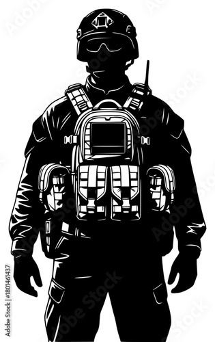 A silhouette of a soldier wearing a tactical uniform and carrying a backpack, armor, black, equipment, helmet, illustration, man, profile, soldier, uniform, wear, against transparent background