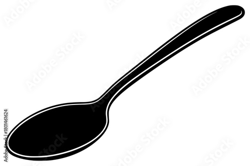 A black and white silhouette of a spoon, black, icon, illustration, profile, spoon, against transparent background
