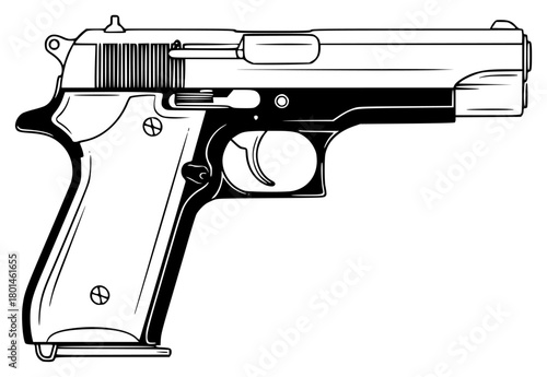 A black and white line drawing of a semi-automatic pistol, black, gun, handgun, illustration, profile, toy gun, weapon, against transparent background
