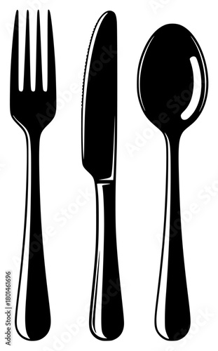 A black and white silhouette of a knife, fork and spoon, black, cutlery, fork, illustration, kitchenware, profile, silverware, utensil, against transparent background