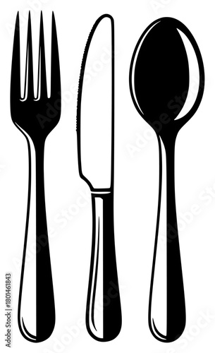 A black and white silhouette of a knife, fork and spoon, black, cutlery, fork, illustration, kitchenware, profile, silverware, spoon, tool, utensil, against transparent background