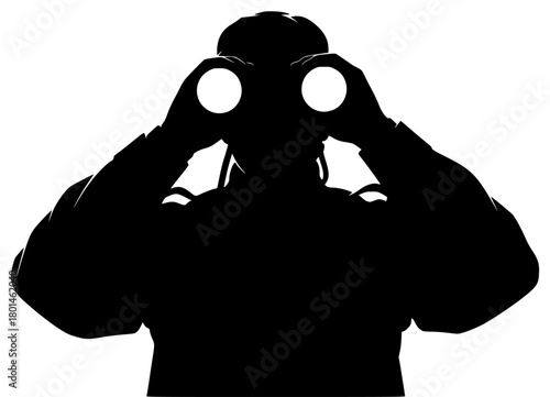 A silhouette of a soldier wearing a gas mask and holding binoculars, looking through them, binocular, black, man, profile, wear, against transparent background