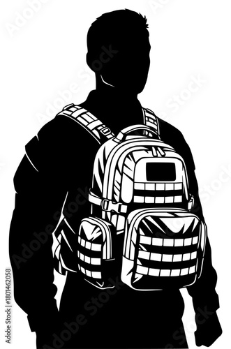 A silhouette of a man with a backpack, backpack, black, boy, illustration, man, profile, against transparent background