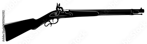 A black and white silhouette of a flintlock rifle, black, gun, handgun, icon, illustration, machine gun, profile, rifle, shotgun, toy gun, weapon, against transparent background