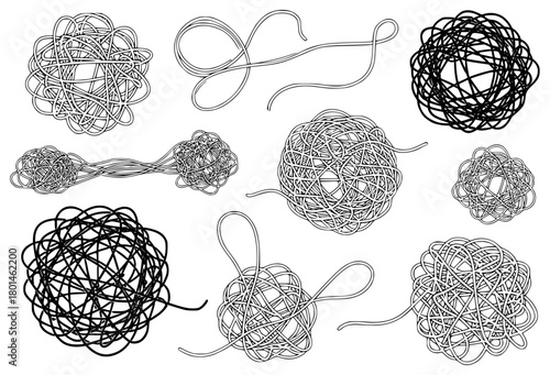 A set of nine black and white line drawings of various shapes and sizes of tangled objects, ball, illustration, knit, knitting needle, knot, line, rope, string, wool, against transparent background