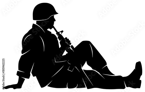 A silhouette of a soldier sitting with a rifle, wearing a military uniform and a helmet, black, floor, illustration, man, pipe, profile, sit, soldier, stool, trumpet, against transparent background