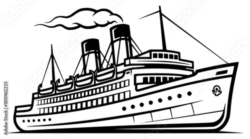 A black and white line drawing of a large cruise ship, black, boat, cruise ship, illustration, sea, vessel, against transparent background