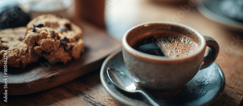 close up coffe espresso and cookies
