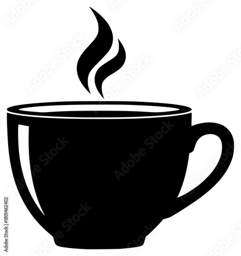 A black and white silhouette of a cup with a steam rising from it, beverage, black, coffee, coffee cup, cup, hot, illustration, liquid, mug, profile, steam, tea, against transparent background