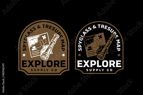 Spyglass and treasure map retro badge logo vector design set for explore. Telescope and navigation map vintage patch illustration pack for adventure. Binocular and chart map emblem sticker elements