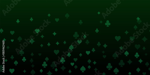 Casino pattern. Green flying glowing playing cards on black background. Sparkling hearts, clubs, diamonds and spades on dark. Online casino concept. Luxury vector illustration.