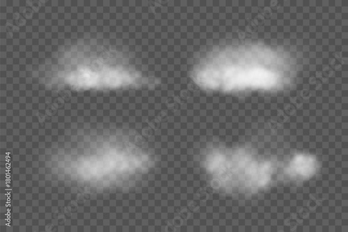 White cloud set. Smoke shapes on transparent background. Realistic fog texture with soft edges and natural diffusion. Atmospheric weather elements. Realistic vector illustration.