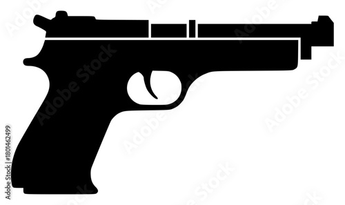 A black silhouette of a handgun on a , black, bullet, flat, gun, handgun, icon, illustration, profile, toy gun, weapon, against transparent background