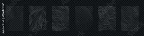 Transparent crumpled plastic textures. Set of wrinkled clear film overlays with light reflections on dark transparent background. Realistic vector illustration.